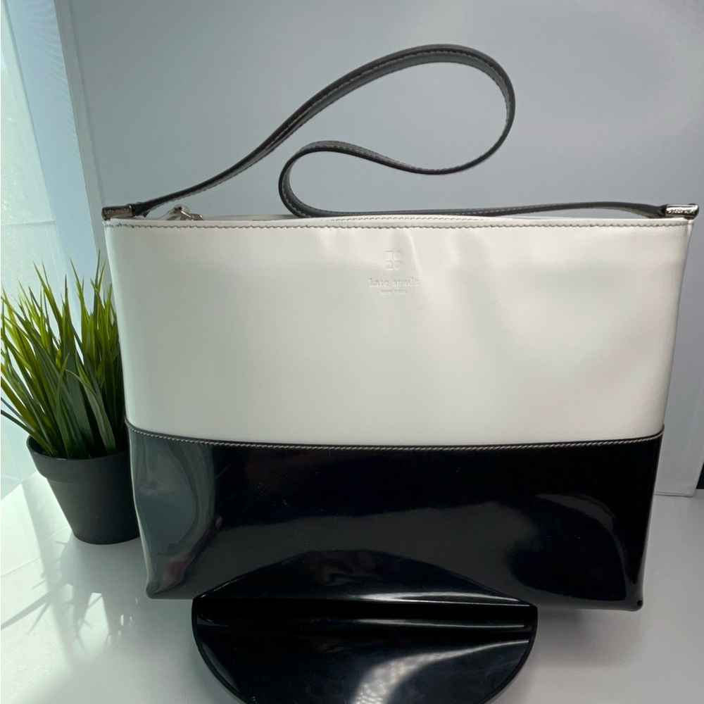 Kate Spade Black & White Color Block Tote | Suede Interior | Patent Leather Look